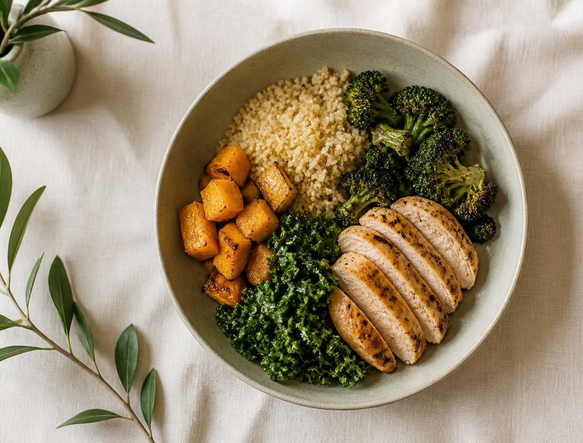 A simple, balanced home-cooked meal photographed from above on a light table
